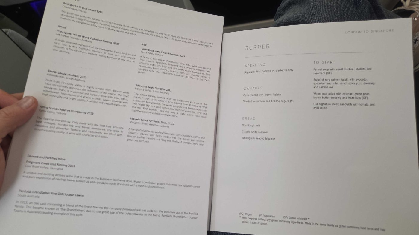 Qantas First menu by Chef Niel Perry