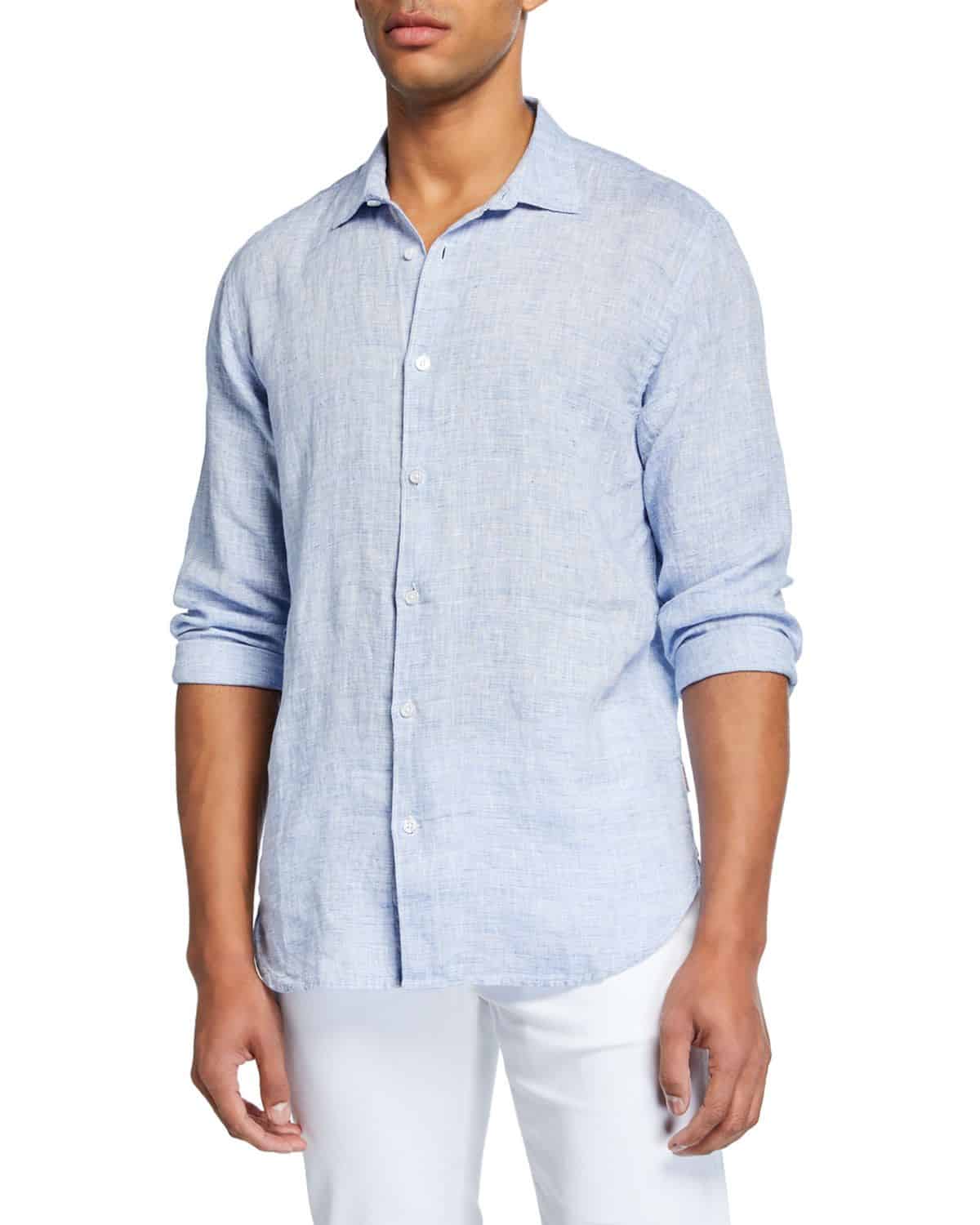 Chic untucked blue shirt style.