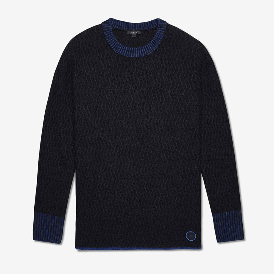 Men's sweater: wavy pattern, blue accents, logo.