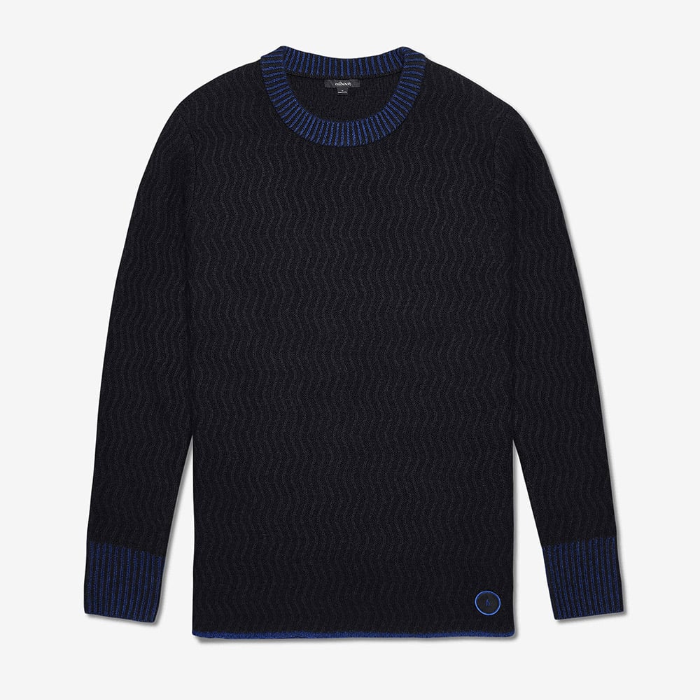Men's sweater: wavy pattern, blue accents, logo.