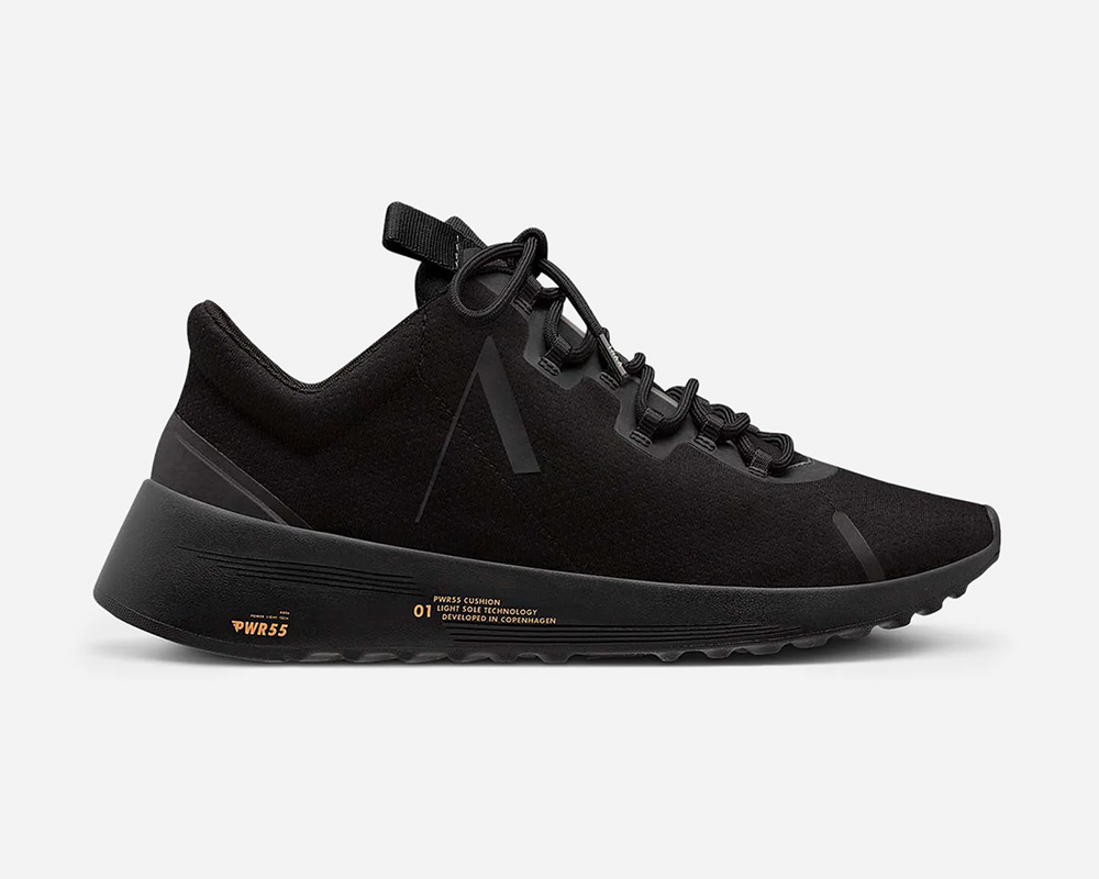 Black men's walking shoe, branded.