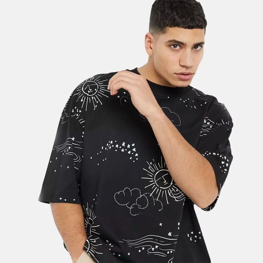 Stylish celestial T-shirt against white background.