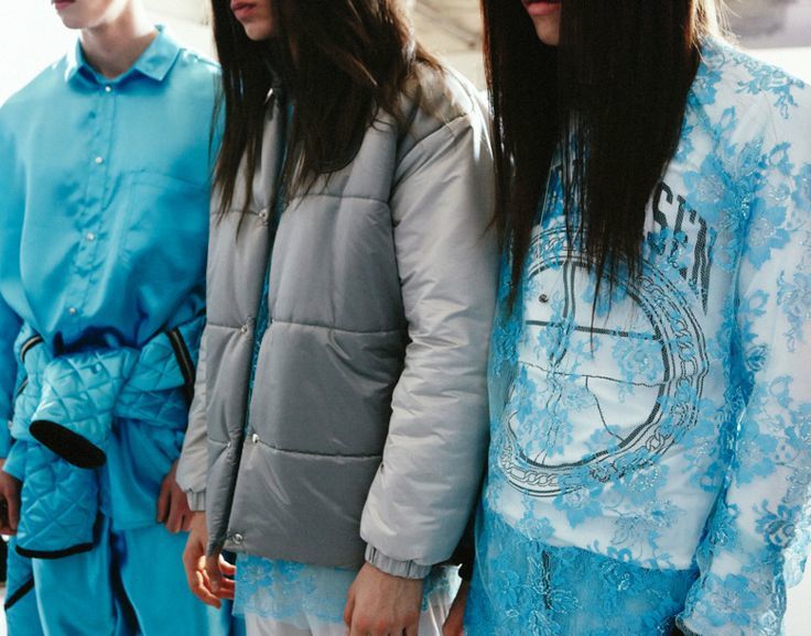 Three embody blue-gray London fashion: quilted, puffer vest, lace.