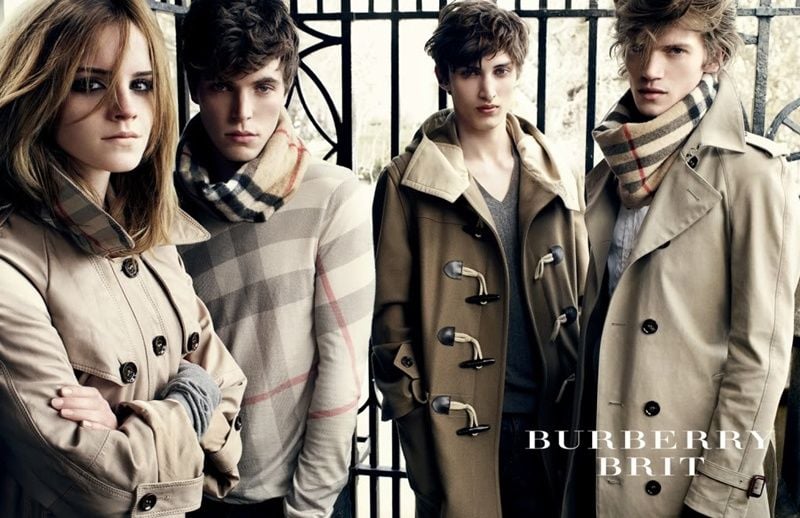 Four models in Burberry Brit, showcasing London style.