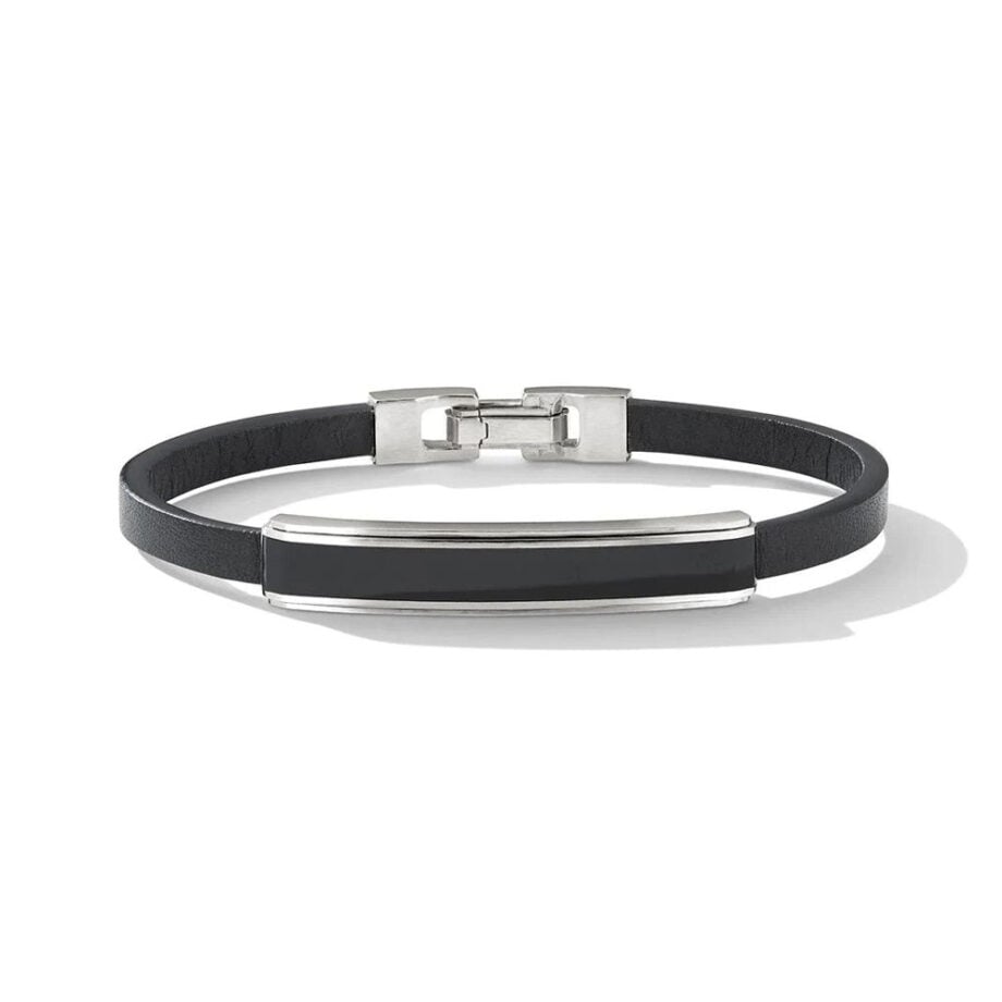 Elegant black leather bracelet with a silver clasp.