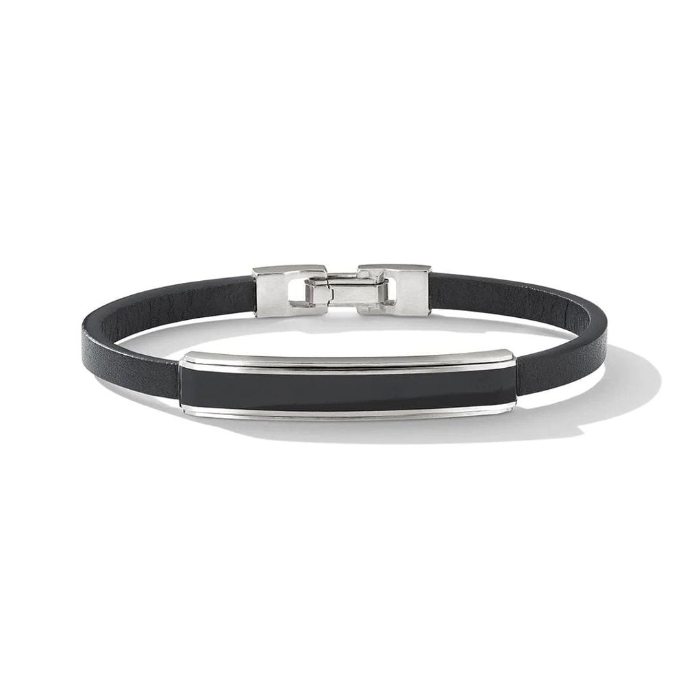 Elegant black leather bracelet with a silver clasp.