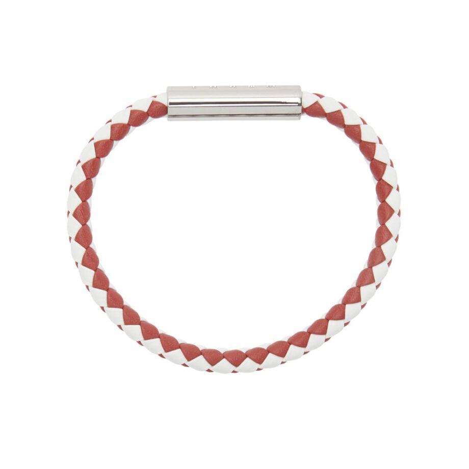 Men's braided bracelet with red, white strands.