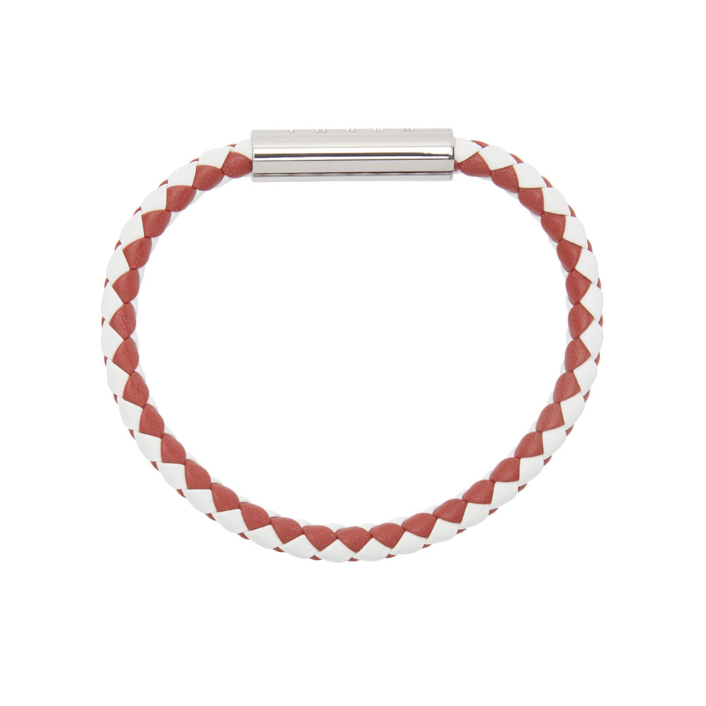Men's braided bracelet with red, white strands.