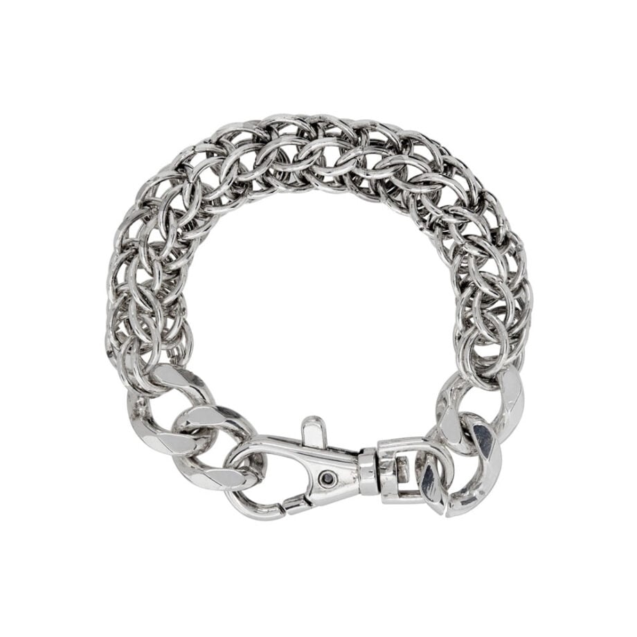 Men's silver chain bracelet with intricate design.
