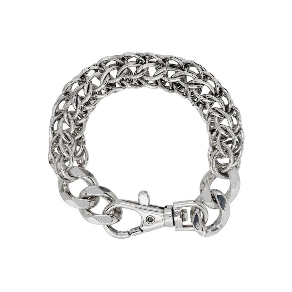 Men's silver chain bracelet with intricate design.