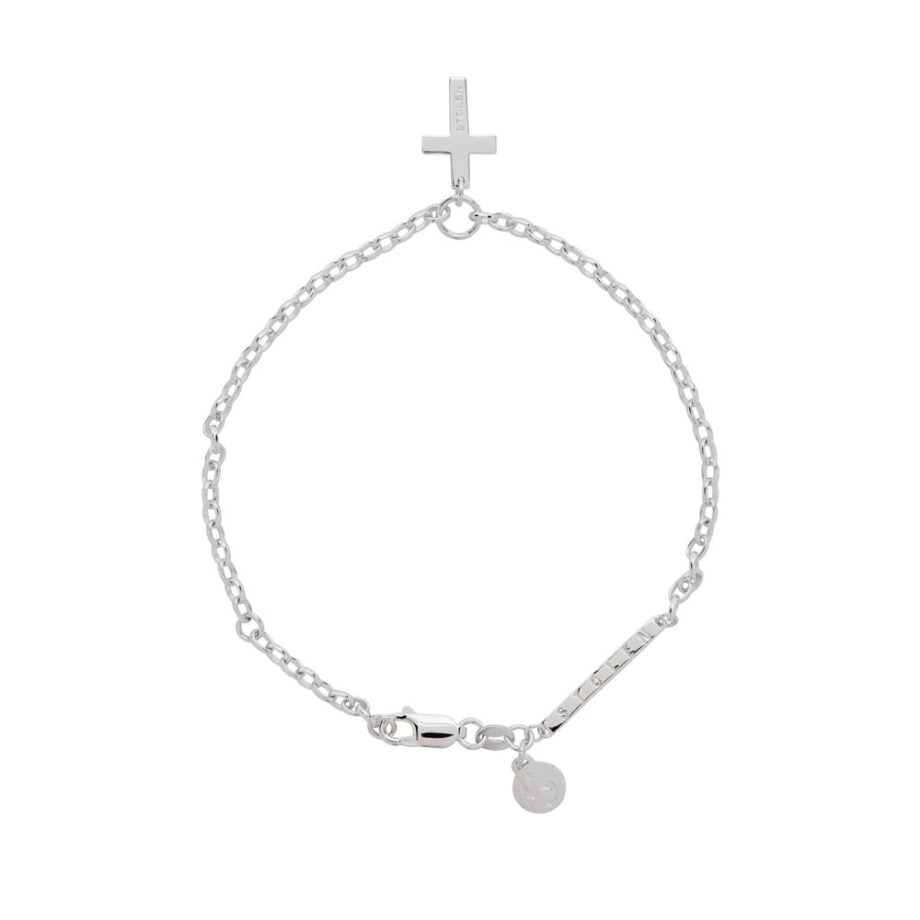 Silver chain bracelet with cross, bar, pendant.