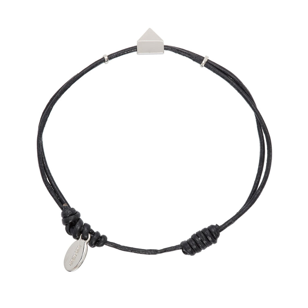 Men's black bracelet: silver tag, geometric clasp.