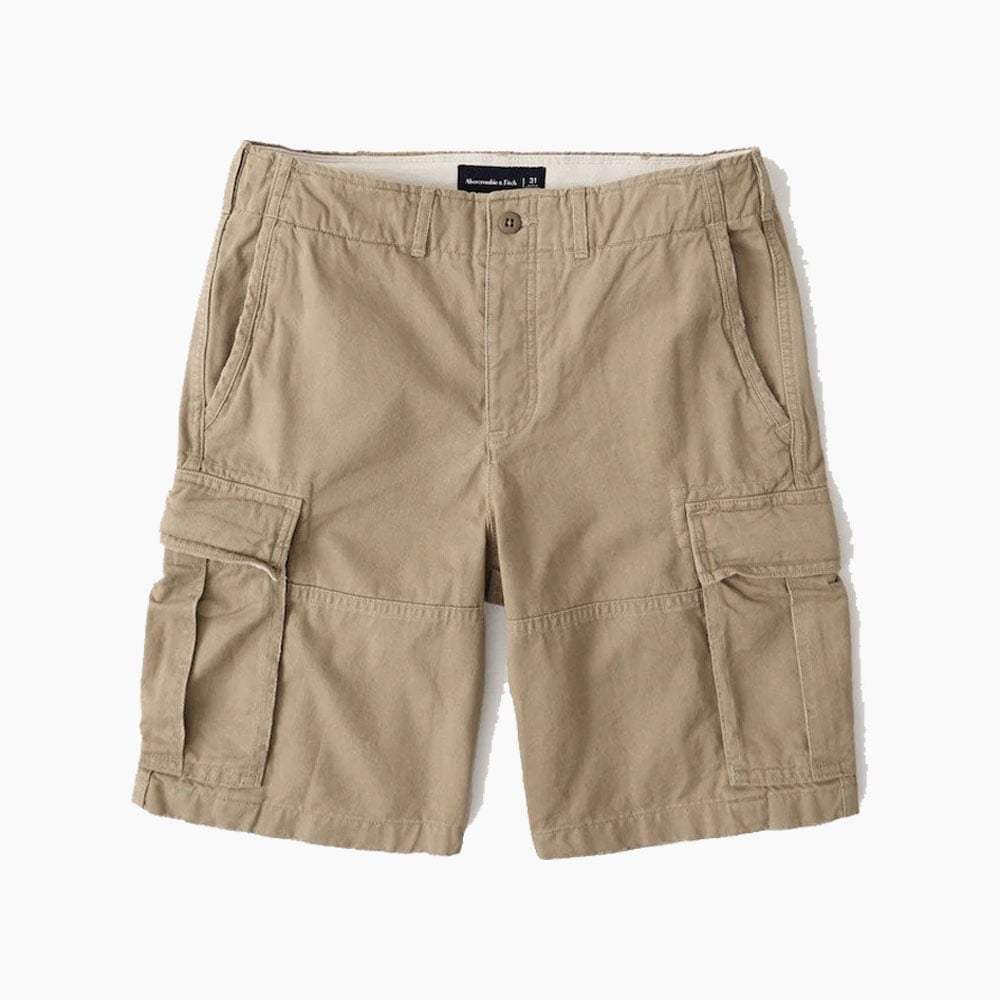 Khaki cargo shorts with multiple pockets practicality.