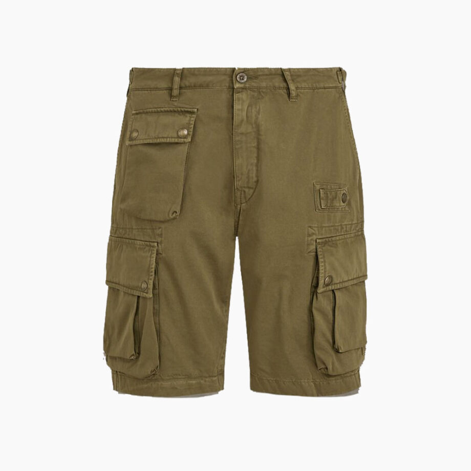 Men's olive cargo shorts with multiple pockets.