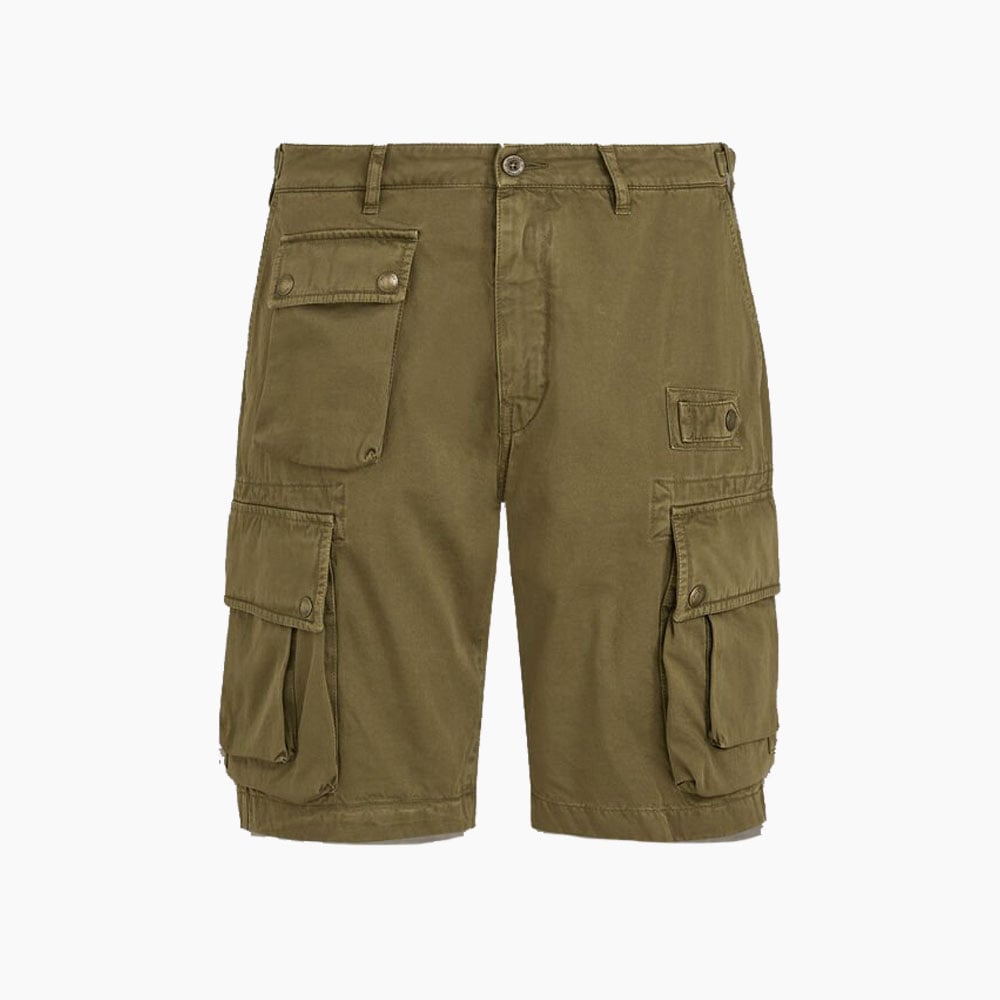 Men's olive cargo shorts with multiple pockets.