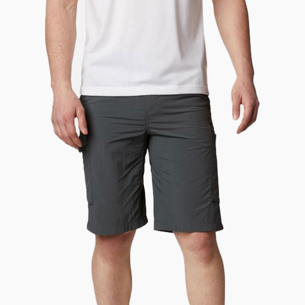 Person in gray cargo shorts against white background.