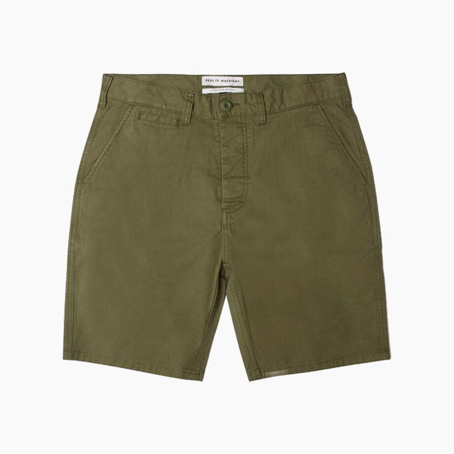 Men's olive cargo shorts with pockets, zipper.