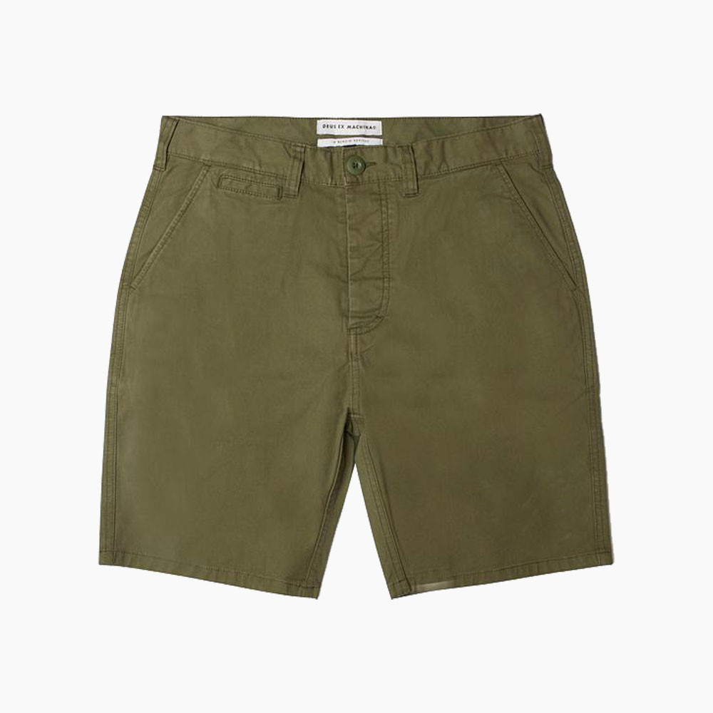 Men's olive cargo shorts with pockets, zipper.