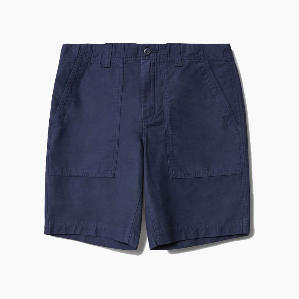 Dark blue men's cargo shorts with pockets.