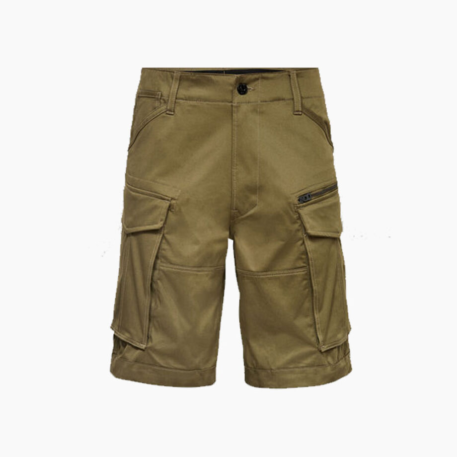 Olive cargo shorts with multiple pockets.
