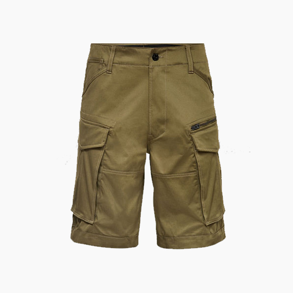 Olive cargo shorts with multiple pockets.