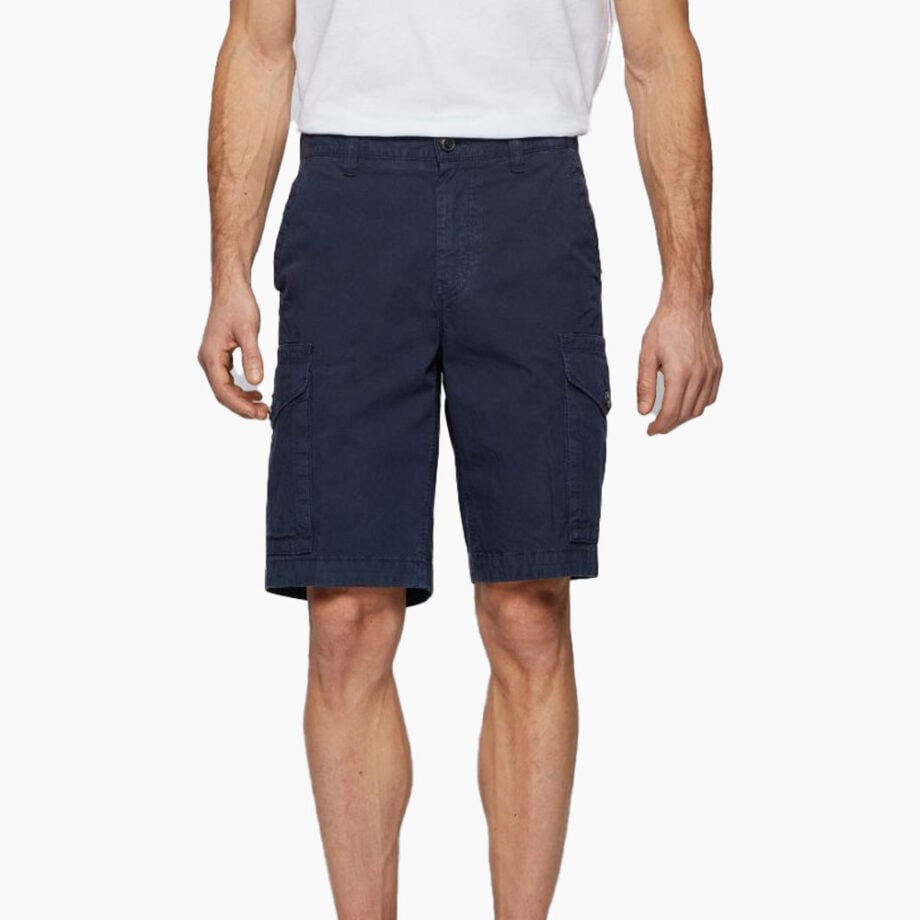 Wearing white tee, blue cargo shorts.