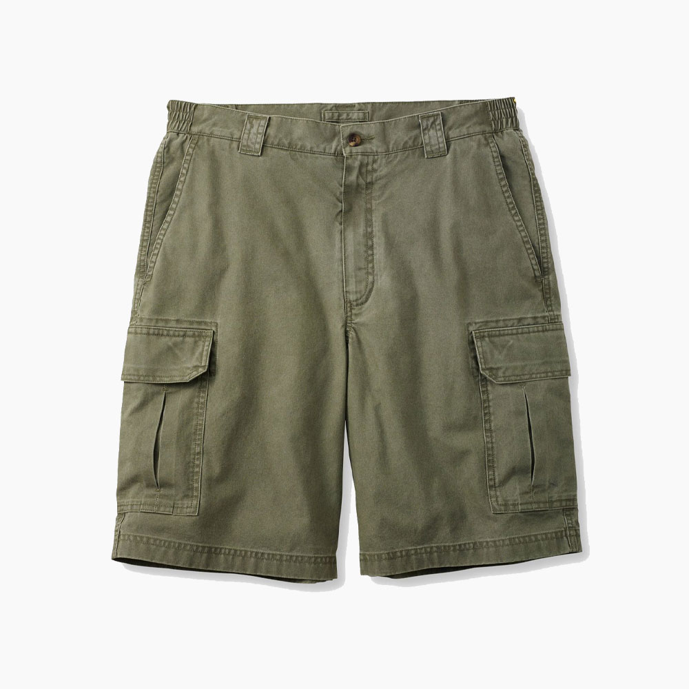 Men's cargo shorts with pockets and button closure.
