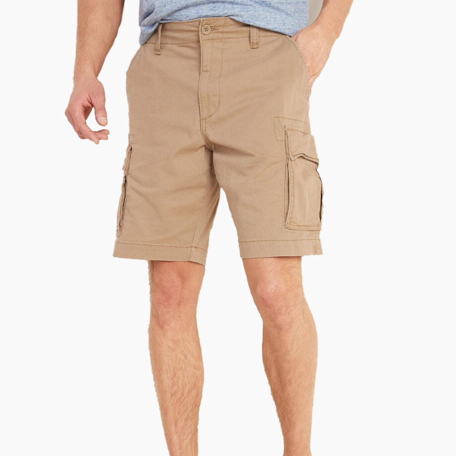 Man in tan cargo shorts and blue shirt.