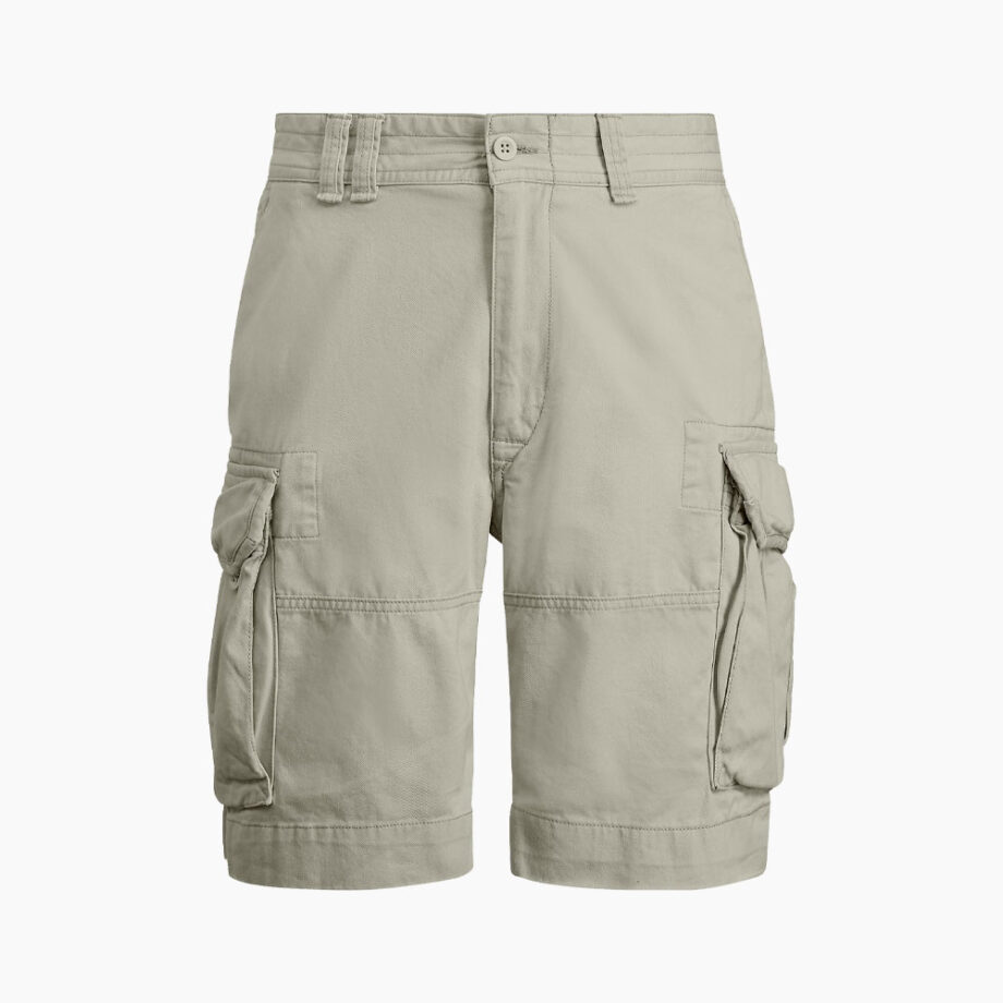 Khaki men's cargo shorts with side pockets.