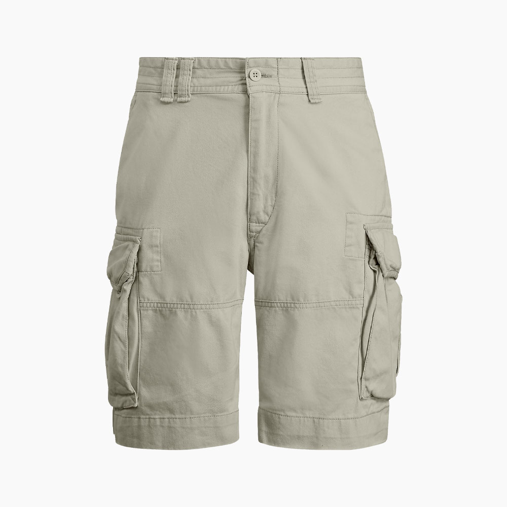 Khaki men's cargo shorts with side pockets.
