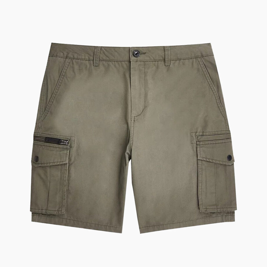 Men's olive cargo shorts with multiple pockets.