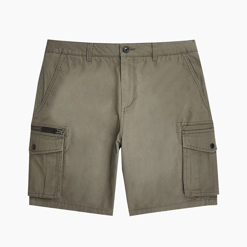 Men's olive cargo shorts with multiple pockets.