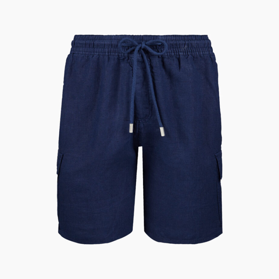 Navy cargo shorts with elastic waist, practical.