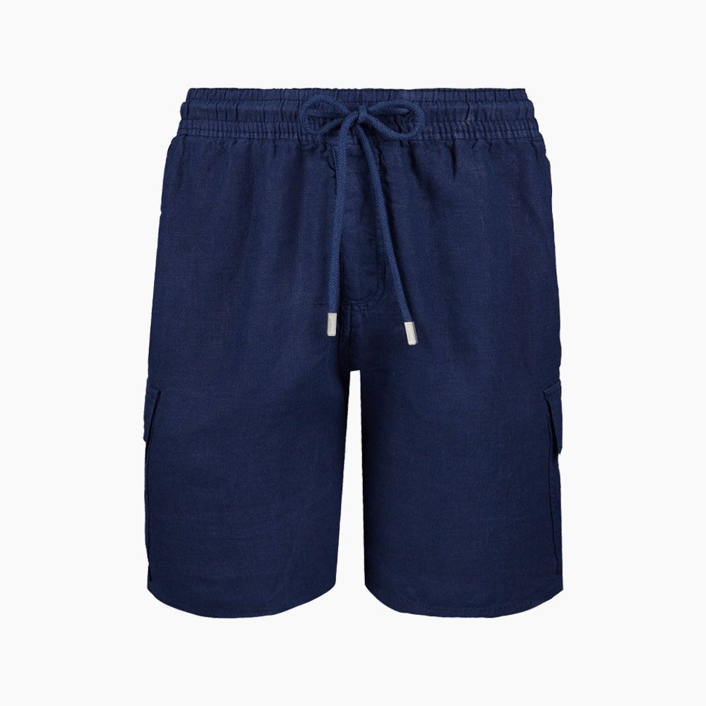 Navy cargo shorts with elastic waist, practical.