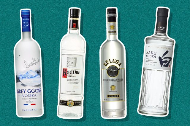 Four vodka bottles: Grey Goose, Ketel One, Beluga, Haku.
