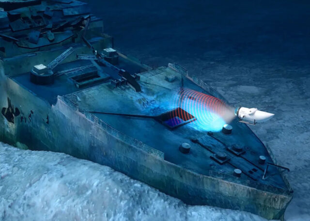 Submarine illuminates sunken Titanic-like shipwreck.