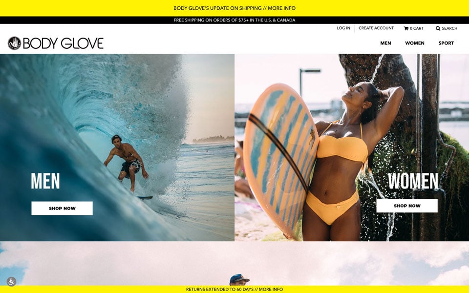 Body Glove homepage: surfing, men/women sections.