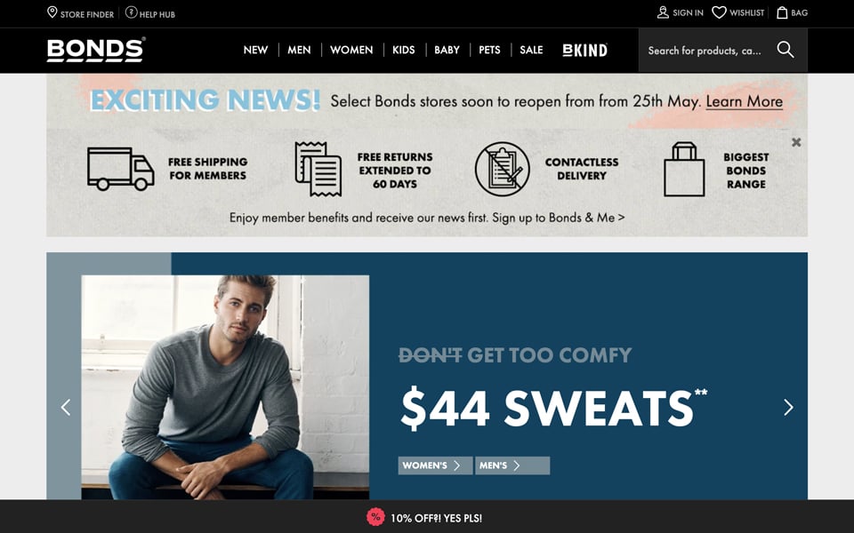 Bonds site: Model, promotions, store reopenings.
