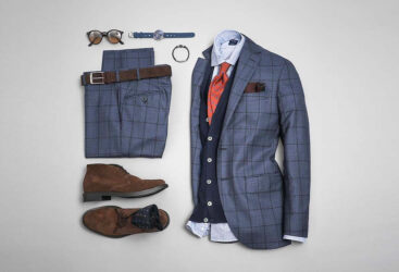 Blue suit: jacket, pants, shoes.