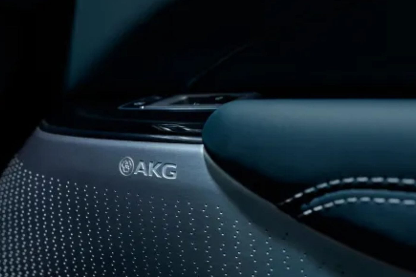 Interior of Cadillac LYRIQ highlighting AKG speakers and dashboard design