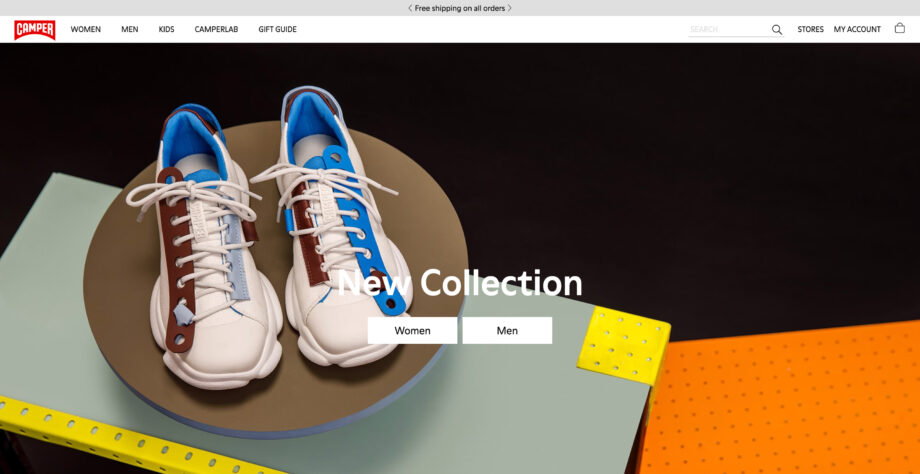 White sneakers showcased with "New Collection" banner.
