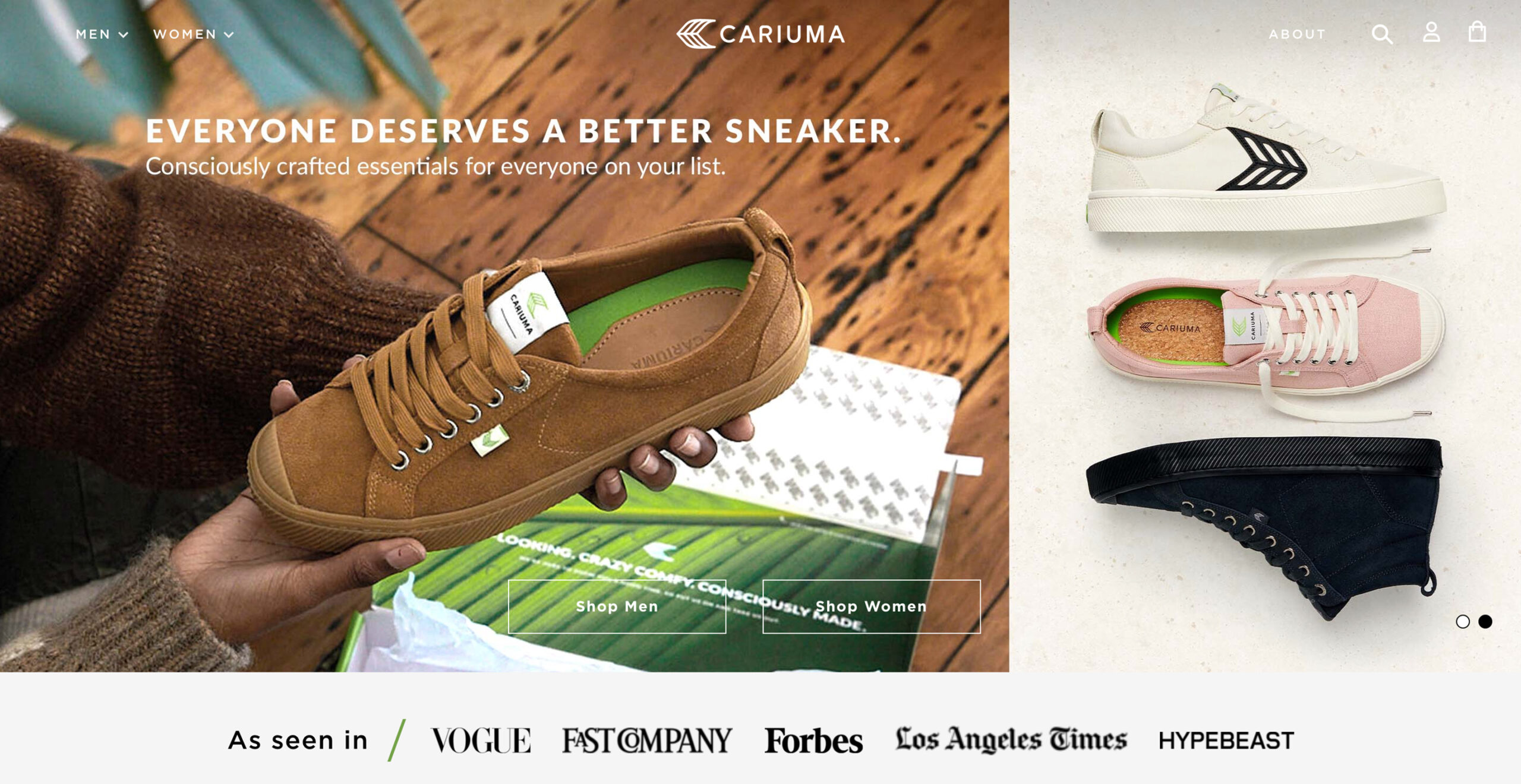 Hand holding Cariuma brown sneakers; others nearby.