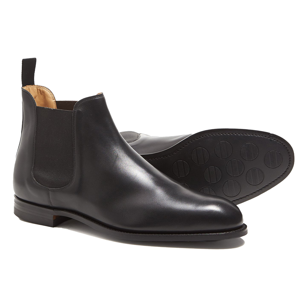 Men's black leather Chelsea boots.