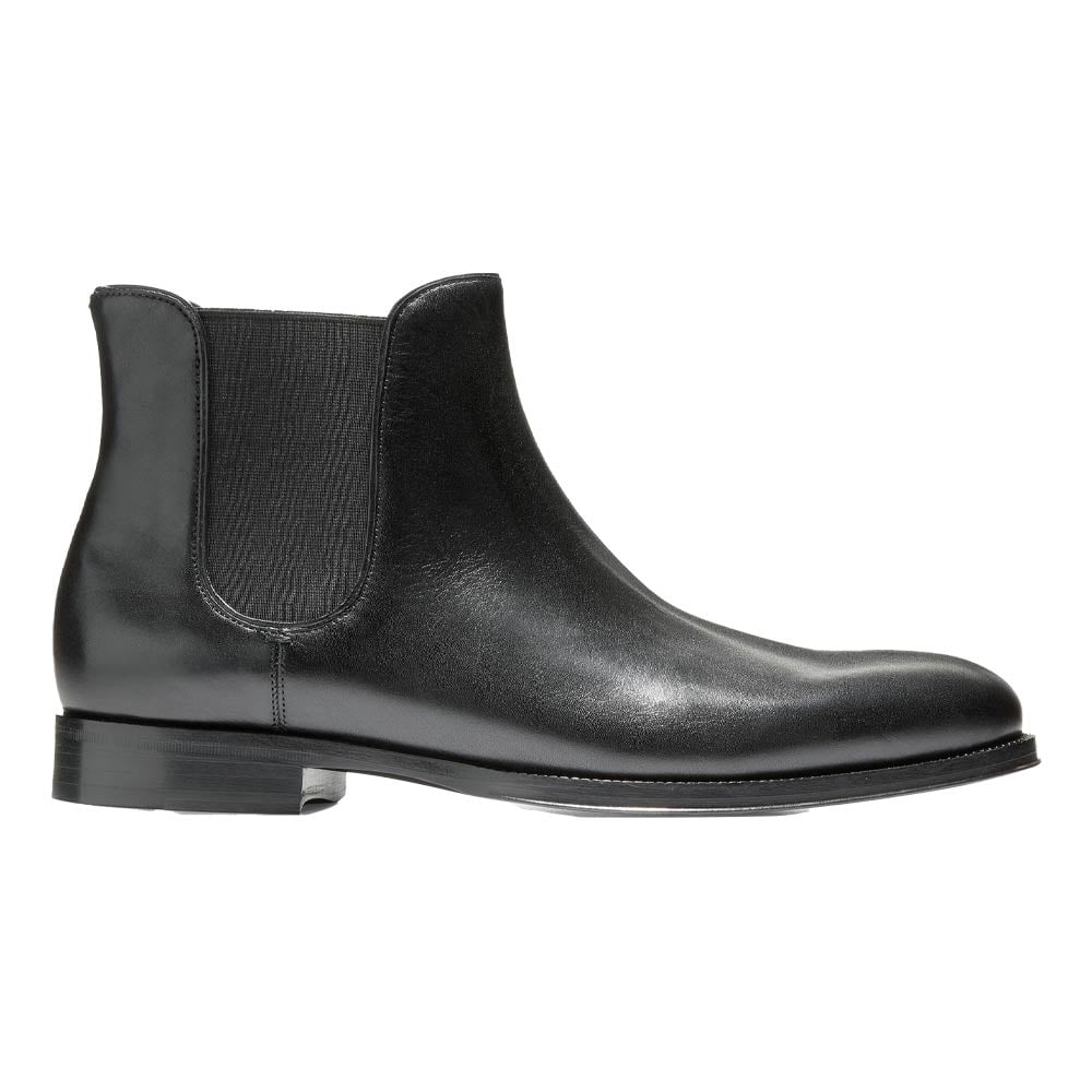 Men's black leather Chelsea boot on display.
