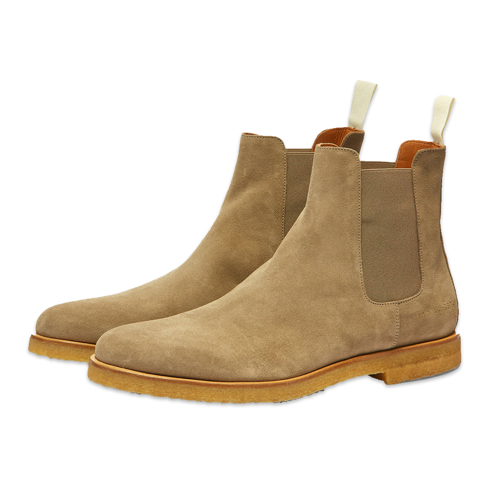 Taupe suede Chelsea boots, waterproof.