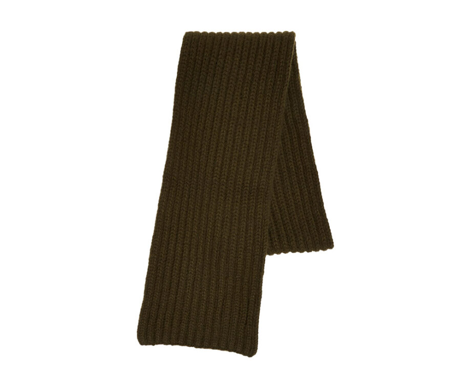 Men's olive green ribbed knit scarf, winter essential.