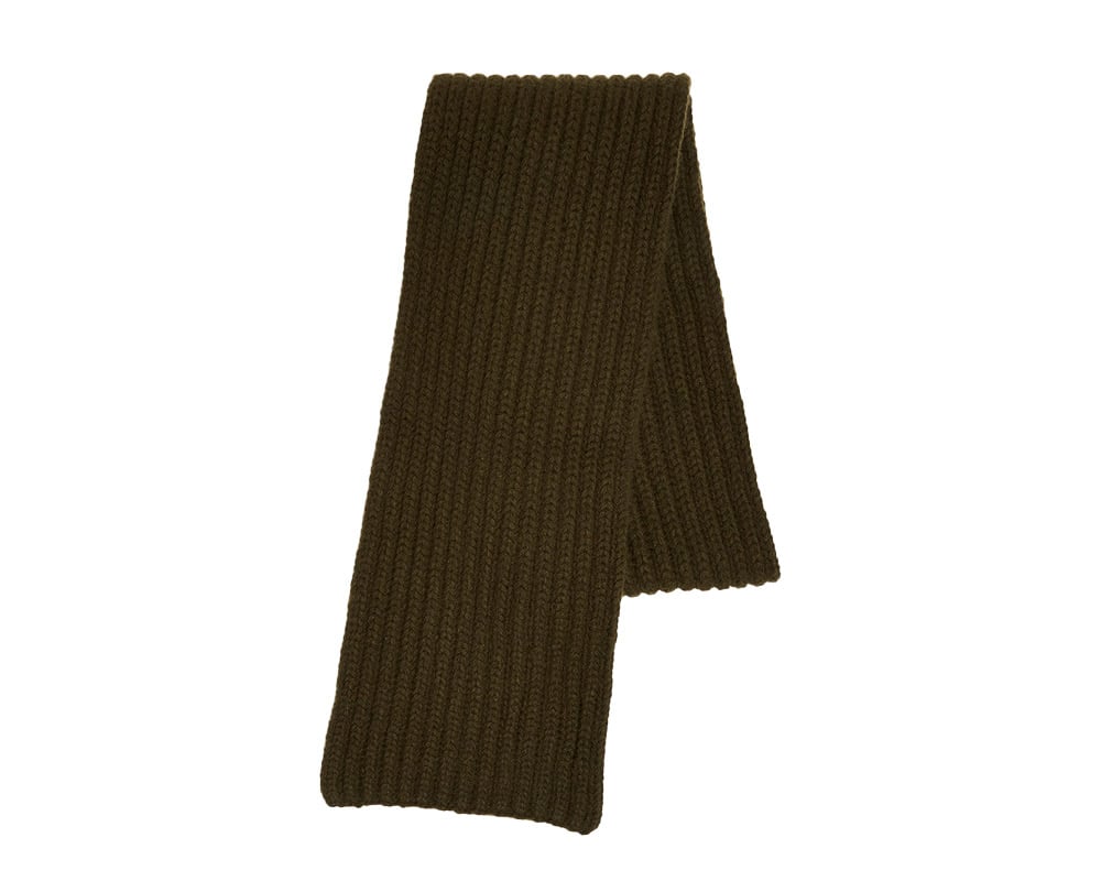 Men's olive green ribbed knit scarf, winter essential.