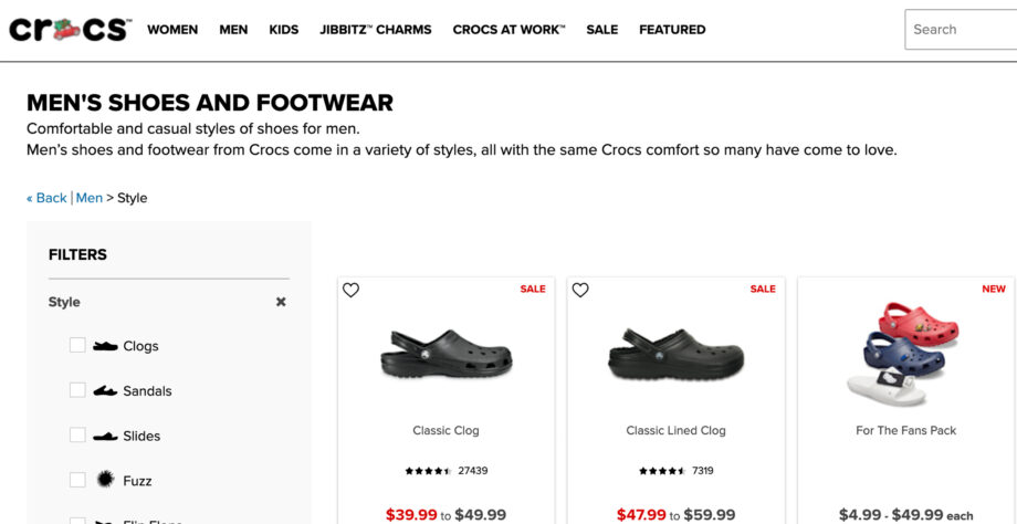 Crocs offers men's clogs from $39.99-$59.99.