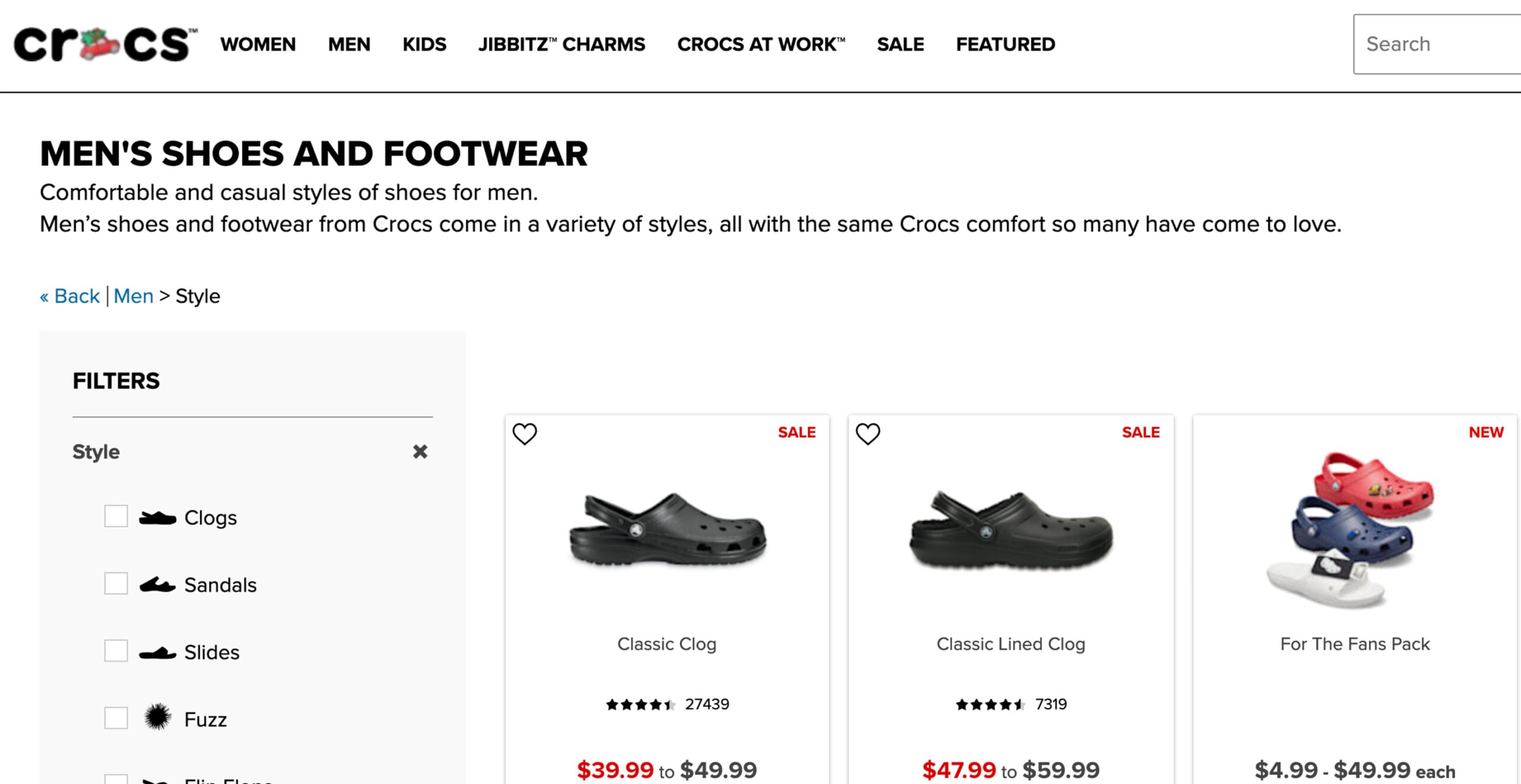 Crocs offers men's clogs from $39.99-$59.99.