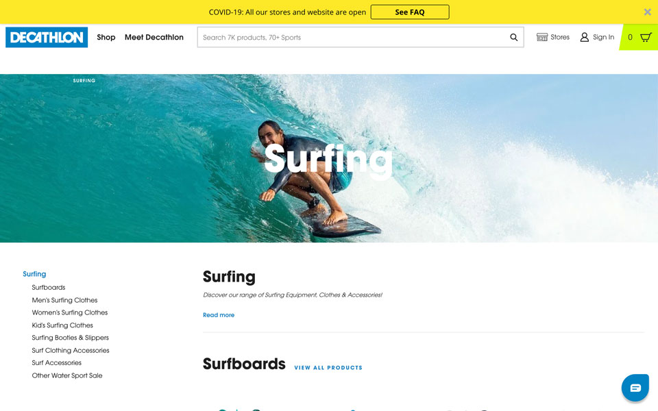 Decathlon website: surfing gear, deals.